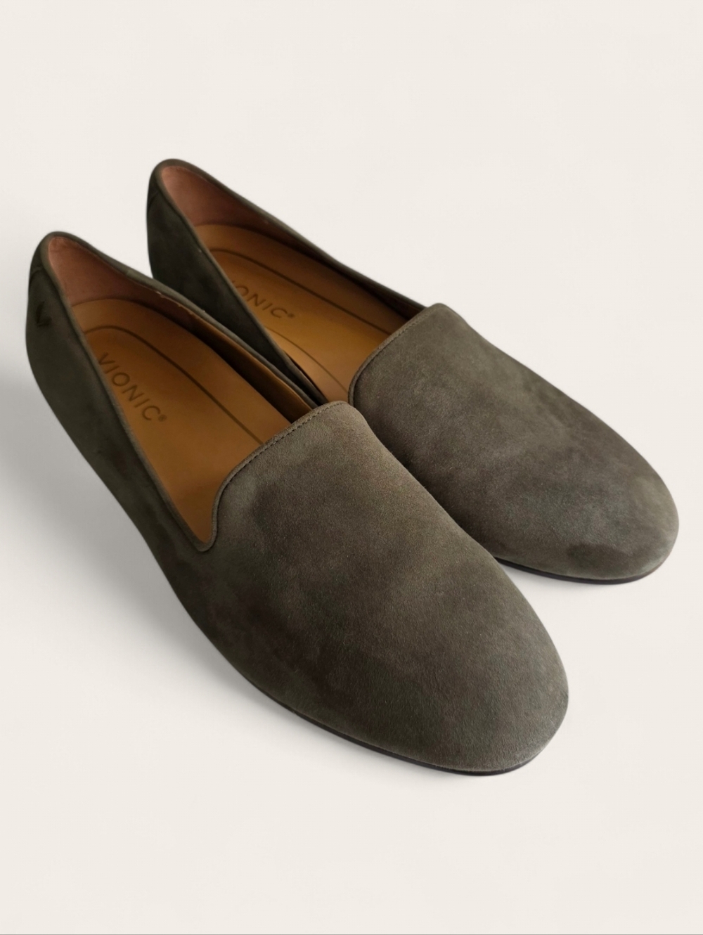 Vionic Olive Suede Slip-On Loafers.